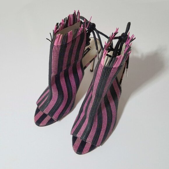 NWOT Zara black & purple pink textured striped open toe & back heeled booties - Picture 7 of 15